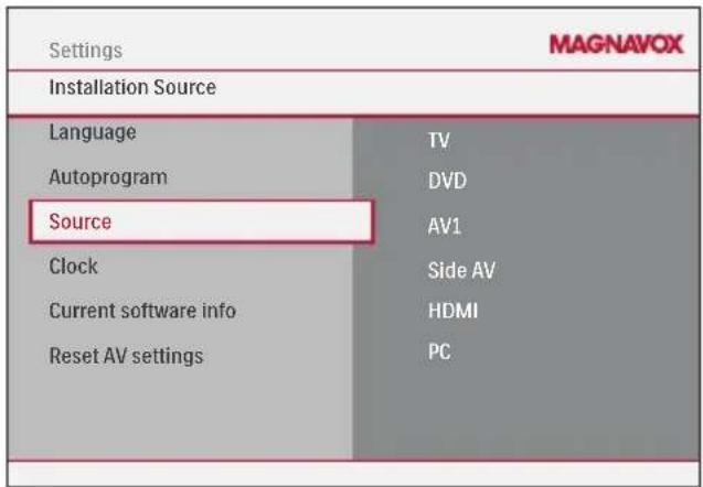 Settings MAGNAVOX Installation Source Language TV Autoprogram DVD Source AV1 Clock Side AV Current software info HDMI Reset AV settings PC