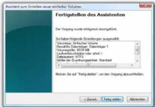 Assistent zum Erstellen neuer einfacher Volumes Fertigstellen des Assistenten Der Vergang wurde erfolgreich durchgeführt. Se haben folgende Erstellungen ausgewählt: Volumetyp: Sinfaches Volume Gewählte Datenträger: Datenträger 1 Volumegröße: 8319 MB Leuverbüchstabe oder pflatt: : Datexystern: NTFS Größe der Zuordnungszeit: Standard Kücken Sie auf "Fertig stellen", um den Vergang abzuschließen. < Zurück Fertig stellen Abreichen