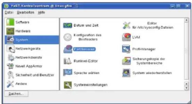 YaST-Kontrollzentrum @ linux-yfze Datei Bearbeiten Hilfe Software Hardware System Netzwerkgeräte Netzwerkdienste Novell AppArmor Sicherheit und Benutzer Andere Datum und Zeit Configuration des Bootleaders Systemanisier Runlevel-Editor Sprache wärten Systemeinstellungen Editor für /etc/sysconfig-Dateian LVM Profil-Manager Sicherungskopie der Systembereiche System wiederherstellen Suchen...
