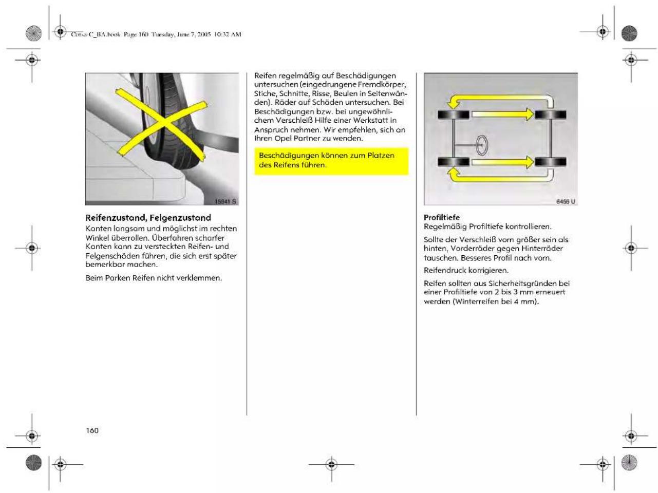 Corsa C_BA book Page 160 Tuesday, June 7, 2005 10:32 AM Reifenzustand, Felgenzustand Kanten longsam und möglichst im rechten Winkel überrollen. Überfahren scharfer Kanten kann zu versteckten Reifen- und Felgenschäden führen, die sich erst später bemerkbar machen. Beim Parken Reifen nicht verklemmen. 15941 S. Reifen regelmäßig auf Beschädigungen untersuchen (eingedrungene Fremdkörper, Stiche, Schnitte, Risse, Beulen in Seitenwänden). Räder auf Schäden untersuchen. Bei Beschädigungen bzw. bei ungewöhnlichem Verschleiß Hilfe einer Werkstatt in Anspruch nehmen. Wir empfehlen, sich an Ihren Opel Partner zu wenden. Beschädigungen können zum Platzen des Reifens führen. 6456 U Profiltiefe Regelmäßig Profiltiefe kontrollieren. Sollte der Verschleiß vorn größer sein als hinten, Vorderräder gegen Hinterräder tauschen. Besseres Profil nach vorn. Reifendruck korrigieren. Reifen sollten aus Sicherheitsgründen bei einer Profiltiefe von 2 bis 3 mm erneuert werden (Winterreifen bei 4 mm). 160