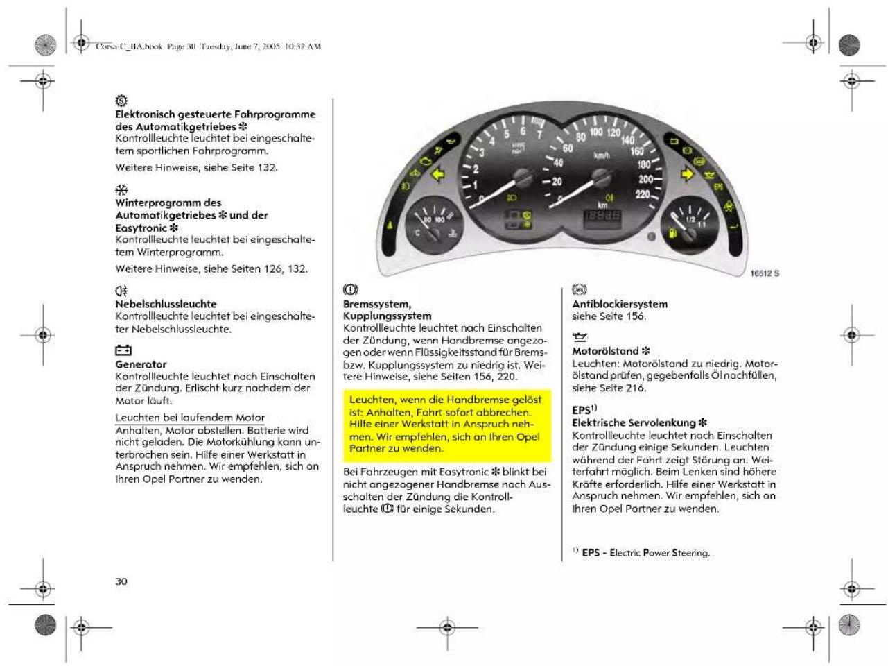 Corsa C. RA book Page 30 Tuesday, June 7, 2005 10:32 AM Elektronisch gesteuerte Fahrprogramme des Automatikgetriebes * Kontrollleuchte leuchtet bei eingeschaltetem sportlichen Fahrprogramm. Weitere Hinweise, siehe Seite 132. Winterprogramm des Automatikgetriebes * und der Easytronic * Kontrollleuchte leuchtet bei eingeschaltetem Winterprogramm. Weitere Hinweise, siehe Seiten 126, 132. Nebelschlussleuchte Kontrollleuchte leuchtet bei eingeschalteter Nebelschlussleuchte. Generator Kontrollleuchte leuchtet nach Einschalten der Zündung. Erlischt kurz nachdem der Motor läuft. Leuchten bei laufendem Motor Anhalten, Motor abstellen. Batterie wird nicht geladen. Die Motorkühlung kann unterbrochen sein. Hilfe einer Werkstatt in Anspruch nehmen. Wir empfehlen, sich an Ihren Opel Partner zu wenden. Bremssystem, Kupplungssystem Kontrollleuchte leuchtet nach Einschalten der Zündung, wenn Handbremse angezogen oder wenn Flüssigkeitsstand für Bremsbzw. Kupplungssystem zu niedrig ist. Weitere Hinweise, siehe Seiten 156, 220. Leuchten, wenn die Handbremse gelöst ist: Anhalten, Fahrt sofort abbrechen. Hilfe einer Werkstatt in Anspruch nehmen. Wir empfehlen, sich an Ihren Opel Partner zu wenden. Bei Fahrzeugen mit Easytronic * blinkt bei nicht angezogener Handbremse nach Ausschalten der Zündung die Kontrollleuchte Ⓔ für einige Sekunden. Antiblockiersystem siehe Seite 156. Motorölstand * Leuchten: Motorölstand zu niedrig. Motorölstand prüfen, gegebenfalls Öl nochfüllen, siehe Seite 216. EPS¹) Elektrische Servolenkung * Kontrollleuchte leuchtet nach Einschalten der Zündung einige Sekunden. Leuchten während der Fahrt zeigt Störung an. Weiterfahrt möglich. Beim Lenken sind höhere Kräfte erforderlich. Hilfe einer Werkstatt in Anspruch nehmen. Wir empfehlen, sich an Ihren Opel Partner zu wenden. ¹) EPS - Electric Power Steering.