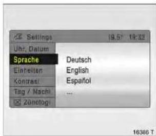 Settings Uhr. Datum Sprache Einfelten Kontrasl Tag / Nach Zunotog 19.5° 19:22 Deutsch English Español ... 16386 T