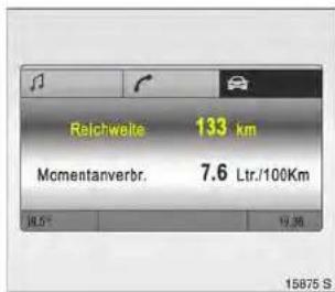 Reichweite 133 km Momentanverbr. 7.6 Ltr./100Km 18,5° 19,36 15875 S