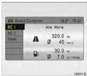 Board Computer 19.5° 19:32 BC 1 BC 2 Timer Alle Werte A 320.0 km Ø 40 km/h 30.0 Ltr. Ø 7.0 Ltr./7.100 kms 15874 S