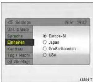 Settings 19.5° 19°22 Uhr. Datum Sprache Einheiten Konttau Tag / Nach Zurotopi Europa-SI Japan Großbritannien USA 15564 T