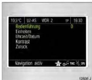 19,5°C U2-AS WDR 2 TP 16:30 Bedienführung D Einheiten Uhrzeit/Datum Kontrast Zurück Navigation activ TMC SPS 12836 J