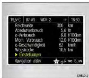 19.5°C U2-AS WDR 2 TP 16:30 Reichwerte 300 km Absolutverbrauch 5,6 ft ø-Verbrauch 9,0 l/100km Mom. Verbrauch 12,0 l/100km ø-Geschwindigkeit 62 km/h Wegstrecke 10,5 km ► Einstellungen Navigation activ TWC SPB 12832 J
