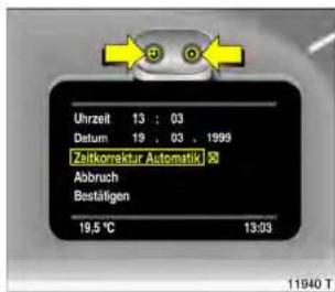 Uhrzeit 13 : 03 Datum 19 , 03 , 1999 Zeikorrektur Automatikl 20 Abbruch Bestätigen 19,5 °C 13:03 11940 T