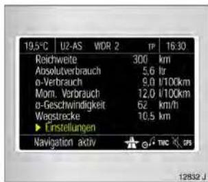 19,5°C U2-AS WDR 2 TP 16:30 Reichwerte 300 km Absolutverbrauch 5,6 hr ø-Verbrauch 9,0 l/100km Mom. Verbrauch 12,0 l/100km ø-Geschwindigkeit 62 km/h Wegstrecke 10,5 km ► Erstellungen Navigation activ TMC SPF 12832 J