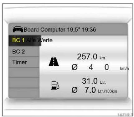 Board Computer 19,5° 19:36 BC 1 Alle Werte BC 2 Timer 257.0 km Ø 4 0 km/h 31.0 Ltr. Ø 7.0 Ltr./100km