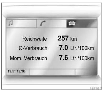 Reichweite 257 km Ø-Verbrauch 7.0 Ltr./100km Mom. Verbrauch 7.6 Ltr./100km 19,5° 19:36