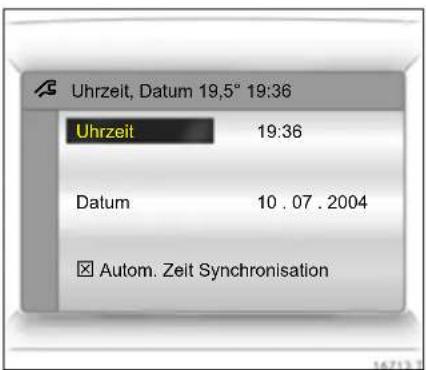 Uhrzeit, Datum 19,5° 19:36 Uhrzeit 19:36 Datum 10.07.2004 Autom. Zeit Synchronisation