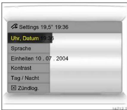 Settings 19,5° 19:36 Uhr, Datum 19:36 Sprache Einheiten 10 . 07 . 2004 Kontrast Tag / Nacht Zündlog.