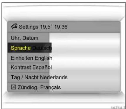 Settings 19,5° 19:36 Uhr, Datum Sprache Deutschland Einheiten English Kontrast Español Tag / Nacht Nederlands Zündlog, Français