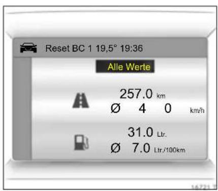 Reset BC 1 19,5° 19:36 Alle Werte 257.0 km Ø 4 0 km/h 31.0 Ltr. Ø 7.0 Ltr./100km