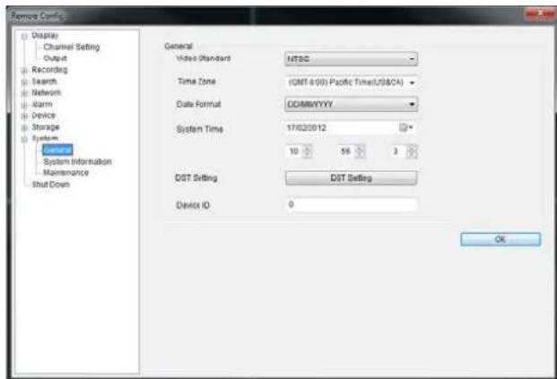 Display Channel Setting Output Recording Search Network Alarm Device Storage System General System Information Maintenance Shut Down General Video Standard NTSG Time Zone (DMT-800) Pacific Time(US&CA) Date Format COMBYYYYY System Time 17/02/01/12 10 56 3 DST Setting DIST Setting Device ID 0 OK