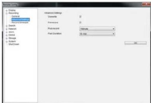 Options Setup Display Recording General Advanced Settings Resource Structure Search Network Alarm Device Storage System Short-Clean Advanced Settings Name Dimensions Post-record 1 minute Part Duration 60 ms OK