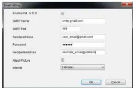 Email Setting Enable SSL or TLS SMTP Server amfp gmail.com SMTP Part 495 SenderAddress miur_email@gmail.com Password ****** Headpoint Address example Zhang@address Attach Picture 0 Interval 8 Minutes OK Cancel