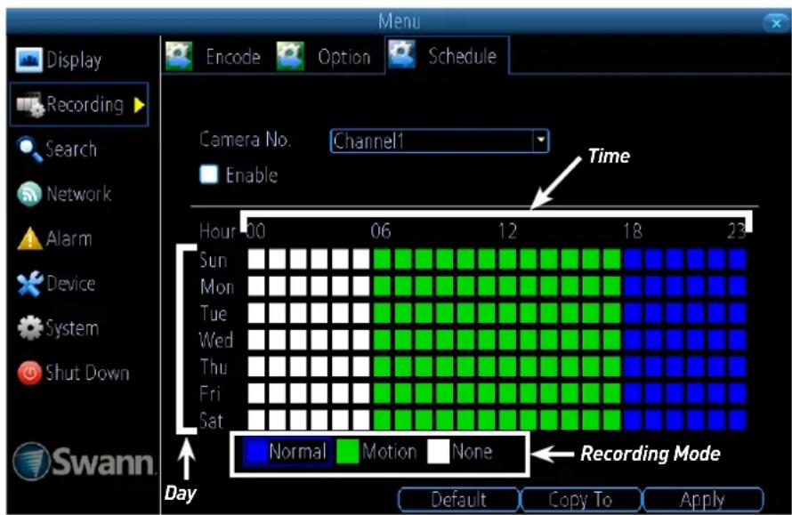 Display Recording Search Network Alarm Device System Shut Down Swann Day Encode Option Schedule Camera No. Channel1 Enable Time Hour 00 06 12 18 23 Sun Mon Tue Wed Thu Fri Sat Normal Motion None Recording Mode Default Copy To Apply