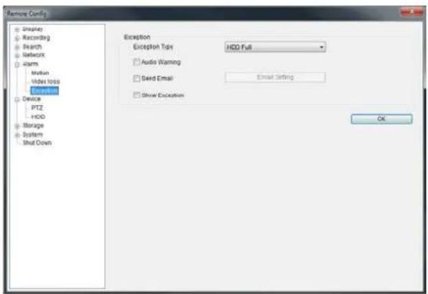 Remote Config Display Recording Search Network Alarm Motion Video loss Device PTZ HDD Storage System Shot Down Exception Exception Type HDD Full Audio Warning Send Email Email Setting Show Exception OK