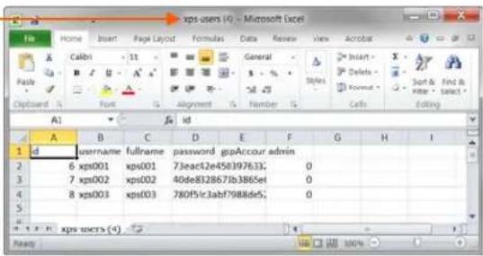 xps-users (4) - Microsoft Excel File Home Insert Page Layout Formulas Data Review View Acrobat A1 A B C D E F G H I 1.d usernameicit fullname password gcpAccour.admin 2 6 xps001 xps001 73eac12e458397633; 0 3 7 xps002 xps002 40de8328673b3865et 0 4 8 xps003 xps003 780f51c3abf7988d65; 0 5 xps users (<)