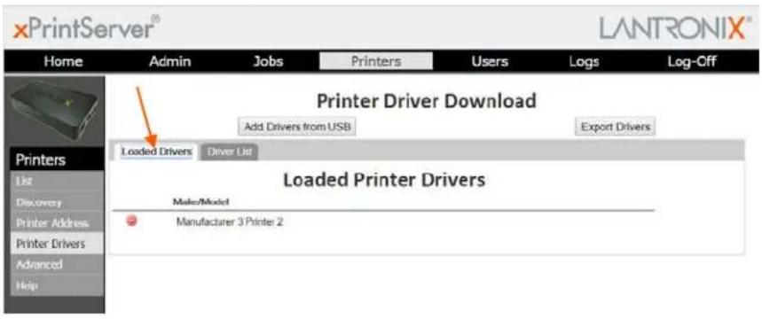 xPrintServer® LANTRONIX® Home Admin Jobs Printers Users Logs Log-Off Printer Driver Download Add Drivers from USB Export Drivers Loaded Drivers Driver List Loaded Printer Drivers Make/Model Manufacturer 3 Printer 2