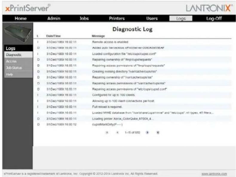 xPrintServer® Home Admin Jobs Printers Users Logs Log-Off Diagnostic Log I Date/Time Message I 31-Dec/1989 16:00:11 Remote access is enabled D 31-Dec/1989 16:00:11 Added auto serverAlias xPrintserver-cutsAddcEAF I 31-Dec/1989 16:00:11 Loaded configuration file "etc/cups/cupsd.conf" D 31-Dec/1989 16:00:11 Repairing ownership of "amp/cupsrequests" D 31-Dec/1989 16:00:11 Repairing access permissions of "amp/cups/requests" D 31-Dec/1989 16:00:11 Creating missing directory "vanicache/cups/ms" D 31-Dec/1989 16:00:11 Repairing ownership of "vanicache/cups/las" D 31-Dec/1989 16:00:11 Repairing access permissions of "vanicache/cups/ms" D 31-Dec/1989 16:00:11 Repairing access permissions of "etc/cups/cupsd.conf" I 31-Dec/1989 16:00:11 Configured for up to 100 clients. I 31-Dec/1989 16:00:11 Allowing up to 100 client connections per host. I 31-Dec/1989 16:00:11 Full reload is required. I 31-Dec/1989 16:00:11 Loaded MIME database from "vanicshare/cups/mms" and "etc/cups": 41 types, 45 filters... D 31-Dec/1989 16:00:11 Loading printer Xenix_ColorQube_8700X_4_ D 31-Dec/1989 16:00:12 cupsMarkDirty(P----) * * 1-15 of 650 * *