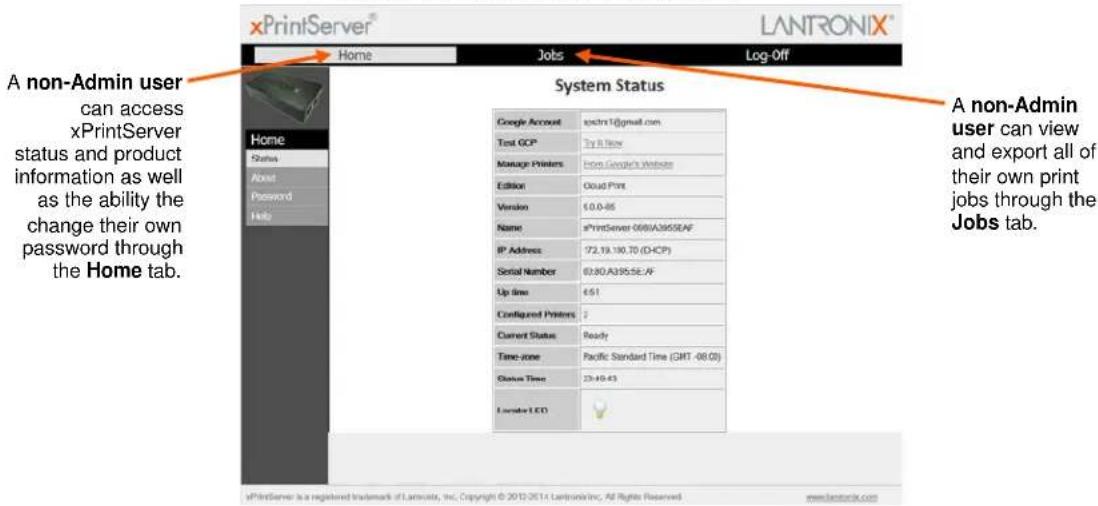 xPrintServer® LANTRONIX® Home Jobs Log-Off System Status Google Account sctn1@gmail.com Test GCP Try it like Manage Printers Hoo Google's Website Edition Cloud Print Version 6.0.0-85 Name xPrintServer 06/01A3955E/AF IP Address 72.19.190.70 (D-ICP) Serial Number 69.80.A3955E AF Up time 4:51 Configured Printers 2 Current Status Ready Timezone Pacific Standard Time (GMT -06.03) Status Time 23:40:43 Lender LED A non-Admin user can view and export all of their own print jobs through the Jobs tab. A printServer is a registered trademark of Larnovia, Inc. Copyright © 2019-2014 Larnovia, Inc. All Rights Reserved www.Lantronix.com