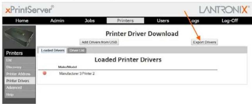 xPrintServer® LANTRONIX™ Home Admin Jobs Printers Users Logs Log-Off Printer Driver Download Add Drivers from USB Export Drivers Loaded Drivers Driver List Loaded Printer Drivers Make/Model Manufacturer 3 Printer 2