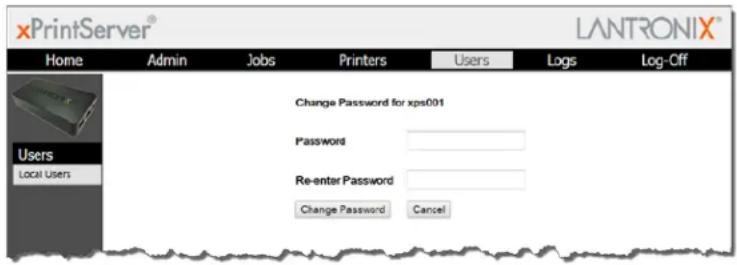 xPrintServer® Home Admin Jobs Printers Users Logs Log-Off Change Password for xps001 Password Re-enter Password Change Password Cancel Users Local Users