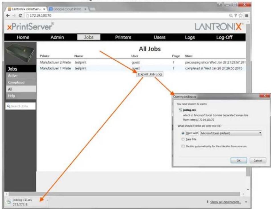 Lantronix xPrintServer Google Cloud Print 172.19:100.70 xPrintServer® LANTRONIX® Home Admin Jobs Printers Users Logs\Log-Off All Jobs Printer Name User Page(State: Manufacturer 2 Printetestprint guest 1 processing since Wed Jan 28 21:28:57 201 Manufacturer 1 Printetestprint guest 1 completed at Wed Jan 28 21:26:56 2015 Export Job Log Opening joblog.csv You have chosen to open joblog.csv which is: Microsoft Excel Comma Separated ValuesFile from: http://172.19.130.70 What should Firefox do with this life? Open with Microsoft Excel (default) Save File Do this automatically for files like this from now im. OK Cancel Joblog (1).csv 273/273 B Show all downloads_