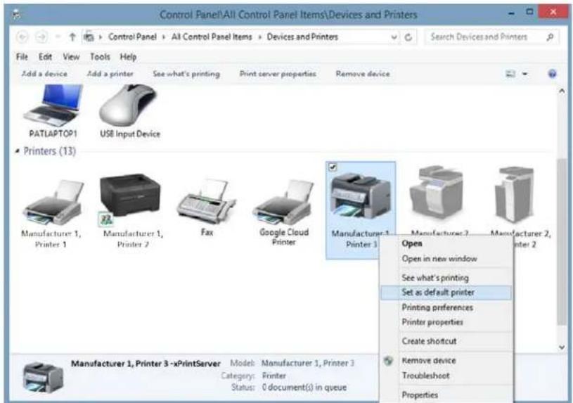 Control Panel\All Control Panel Items\Devices and Printers File Edit View Tools Help Add a device Add a printer See what's printing Print server properties Remove device PATLAPTOP1 USB Input Device Printers (13) Manufacturer 1, Printer 1 Manufacturer 1, Printer 2 Fax Google Cloud Printer Manufacturer 1, Printer 1 Manufacturer 1, Printer 2 Manufacturer 1, Printer 3 -xPrintServer Model: Manufacturer 1, Printer 3 Category: Printer Status: 0 document(s) in queue Manufacturer 2, Printer 2 Open Open in new window See what's printing Set as default printer Printing preferences Printer properties Create shortcut Remove device Troubleshoot Properties