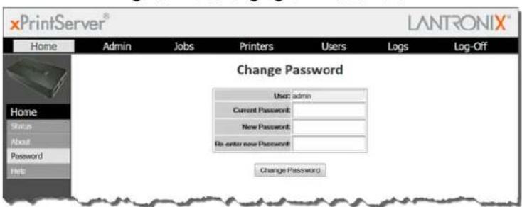 xPrintServer® LANTRONIX® Home Admin Jobs Printers Users Logs Log-Off Home Status About Password Help Change Password User: admin Current Password: New Password: Be-enter new Password: Change Password:
