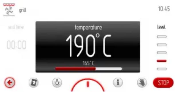 grill sid time 00:00 temperature 190°C 165°C 10:45 level STOP