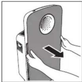 Illustration of hands holding a device with a speaker grille and directional arrow (no text or symbols)