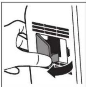 Illustration of a hand pressing a guitar into a slot (no text or symbols)