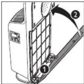Diagram of a device with labeled parts, showing a panel and directional arrow indicating movement or assembly.