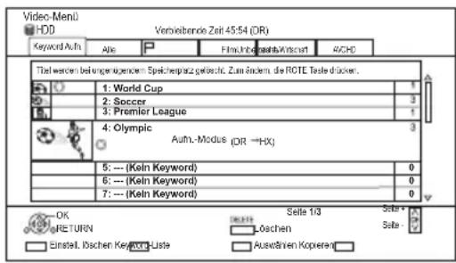 Video-Menu HDD Verkreibende Zeit 45:54 (OR) Keyword Auth. Ajks P Film-Inbungs-Winichart A/CHD Tieß werden belonzen eigenden Speicherplatz gelösch. Zum öffenten, die ROTE Taste drücker. 1: World Cup 1 2: Soccer 3 3: Premier League 1 4: Olympic 3 Auth.-Modus (OR =HX) 5: --- (Keln Keyword) 0 6: --- (Keln Keyword) 0 7: --- (Keln Keyword) 0 OK RETURN Sells 1/3 Sater + Loschen Auswären Koperein Siste -