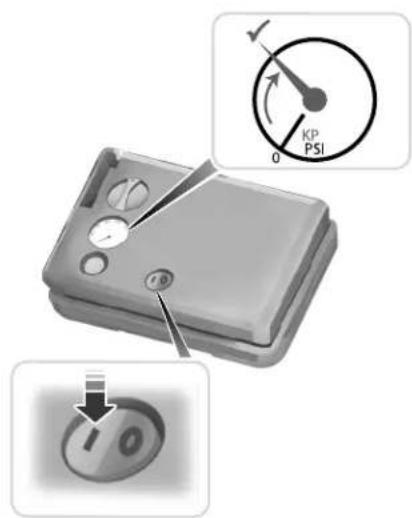 Diagram showing a device with dial indicator and directional gauge, including a close-up of the dial with 'OK' button.