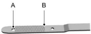 Diagram of a mechanical part with labeled points A and B, showing textured surface and hole (no text or symbols beyond labels)