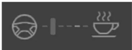 Simple line icons showing a steering wheel and a steaming cup, connected by a dashed line (no text or symbols)