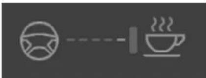 Simple line icons showing a steering wheel and a steaming cup, connected by a dashed line (no text or symbols)