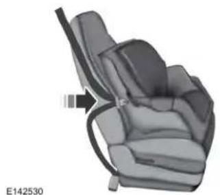 3D rendering of a car seat assembly with a black arrow indicating a specific seat (no text or symbols on the diagram itself)