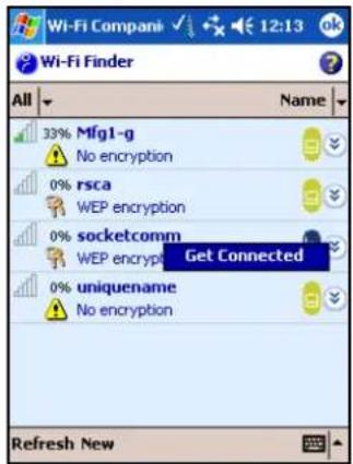 Wi-Fi Compani 12:13 Wi-Fi Finder All Name 33% Mfg1-g No encryption 0% rsca WEP encryption 0% socketcomm WEP encrypt Get Connected 0% uniquename No encryption Refresh New