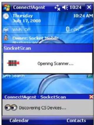 Connect!Agent Thursday July 17, 2008 10:24 AM WiFi OFF Owner: Socket Mobile SocketScan Opening Scanner... Live Search Connect!Agent - SocketScan Discovering CS Devices... Calendar Contacts