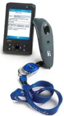 Product photo showing a mobile phone with app interface and a handheld device connected to a blue lanyard with text labels.
