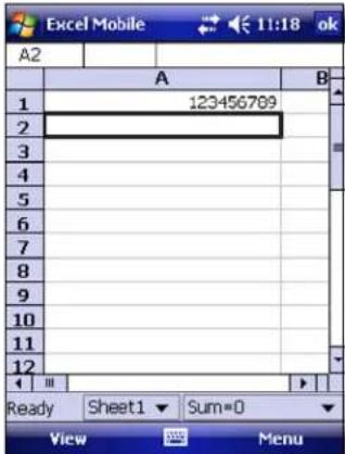 Excel Mobile 11:18 ok A2 A B 1 123456789 2 3 4 5 6 7 8 9 10 11 12 Ready Sheet1 Sum=0 View Menu