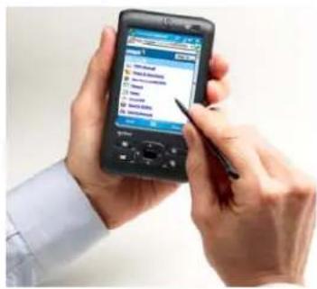 Hand holding a smartphone displaying a web interface with a list of text and a pen, likely for mobile app scanning or testing.