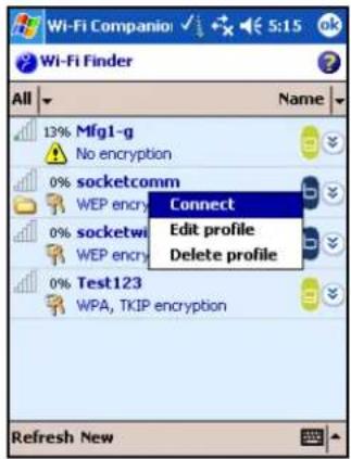 Wi-Fi Companio: ✓ 5:15 ok Wi-Fi Finder All Name 13% Mfg1-g No encryption 0% socketcomm WEP encry Connect 0% socketwi Edit profile WEP encry Delete profile 0% Test123 WPA, TKIP encryption Refresh New