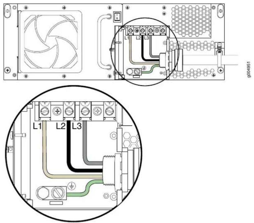 Technical diagram showing two views of an electronic device with labeled components including fan, connectors, and wiring connections.